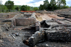 
Northern coke rammer wall to left, gable end of Thomas oven closest to camera, Cyfarthfa Ironworks,, September 2013